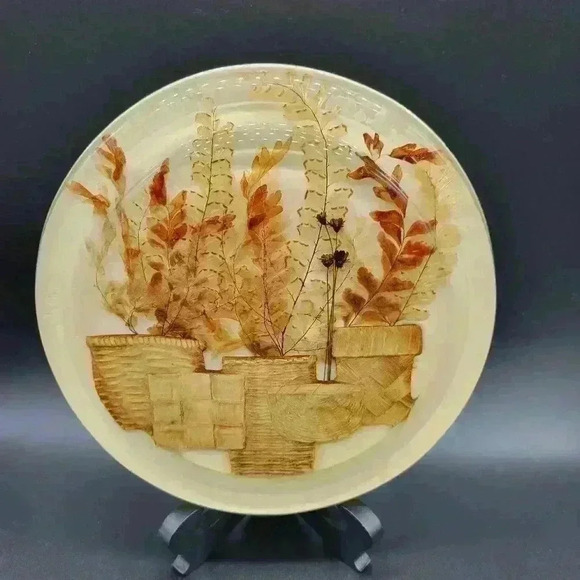 Vintage Lucite Acrylic Trivet With Wicker Dried Plants Boho Style 7 3/4" Approx - Picture 1 of 12